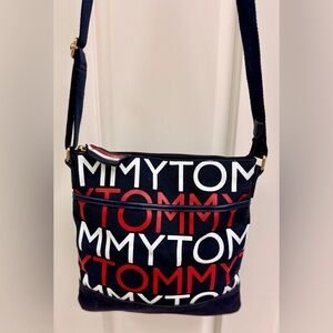 TOMMY HILFIGER Y2K Classic Navy Canvas Logo Print Adjustable Strap Crossvody
